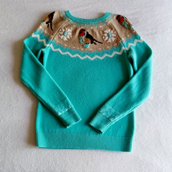 Talbots Teal Lambswool Knit Fair Isle Snow Bird Sweater, Size P - Picture 4 of 16